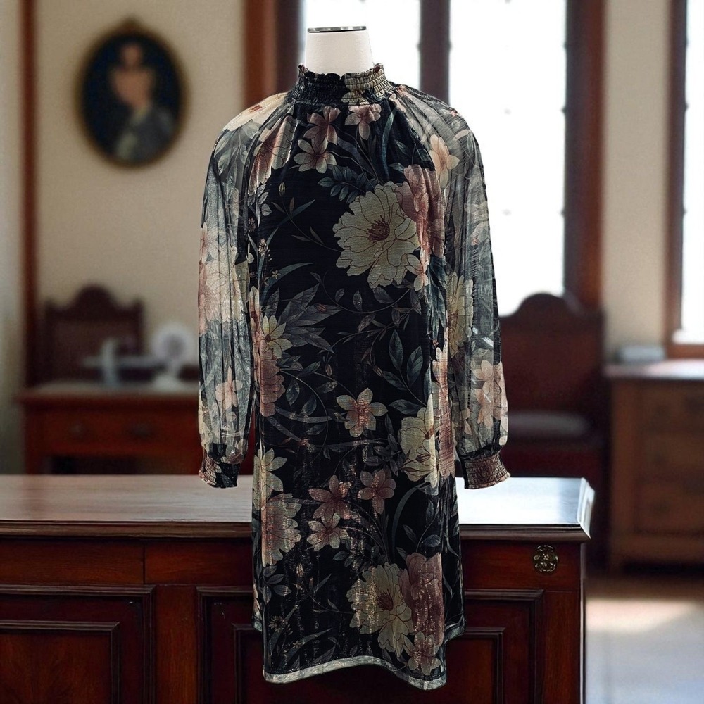 Nina‎ Leonard Black Floral Metallic Gold Chiffon Shift Dress Womens XL Mock Neck